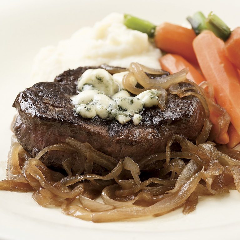 Seared Steaks with Caramelized Onions & Gorgonzola