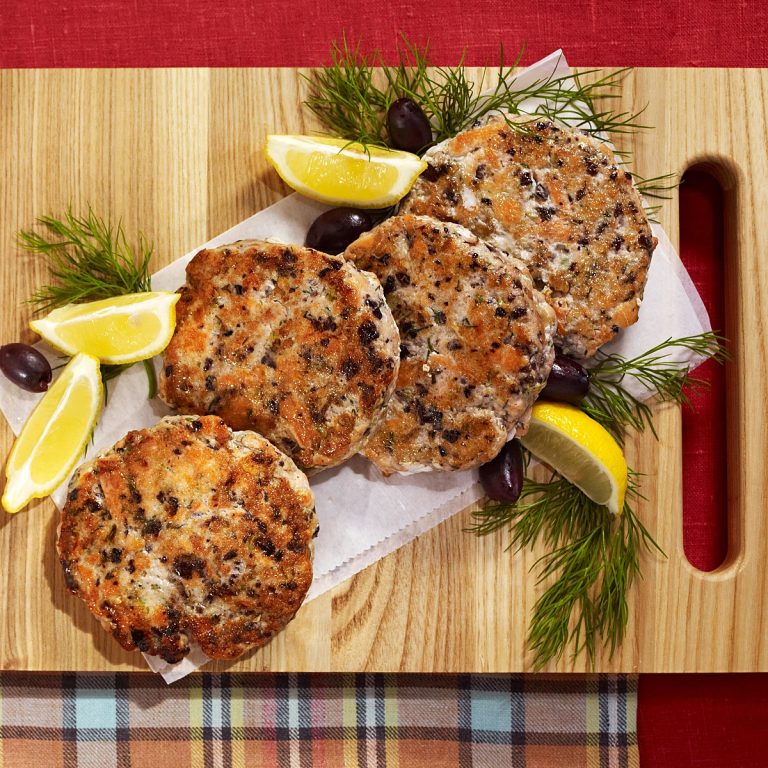 Salmon Cakes with Olives, Lemon & Dill