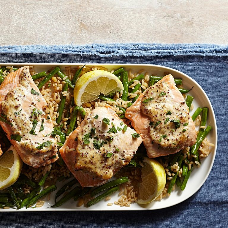 Dijon Salmon with Green Bean Pilaf