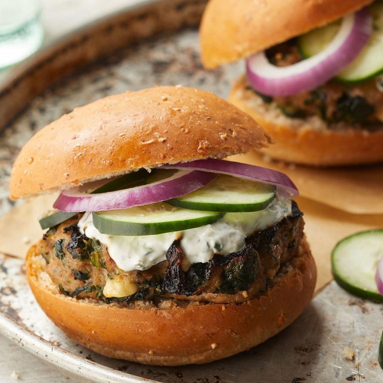Greek Turkey Burgers with Spinach, Feta & Tzatziki