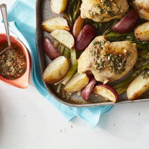 Roasted Chicken Thighs, Potatoes & Scallions with Herb Vinaigrette